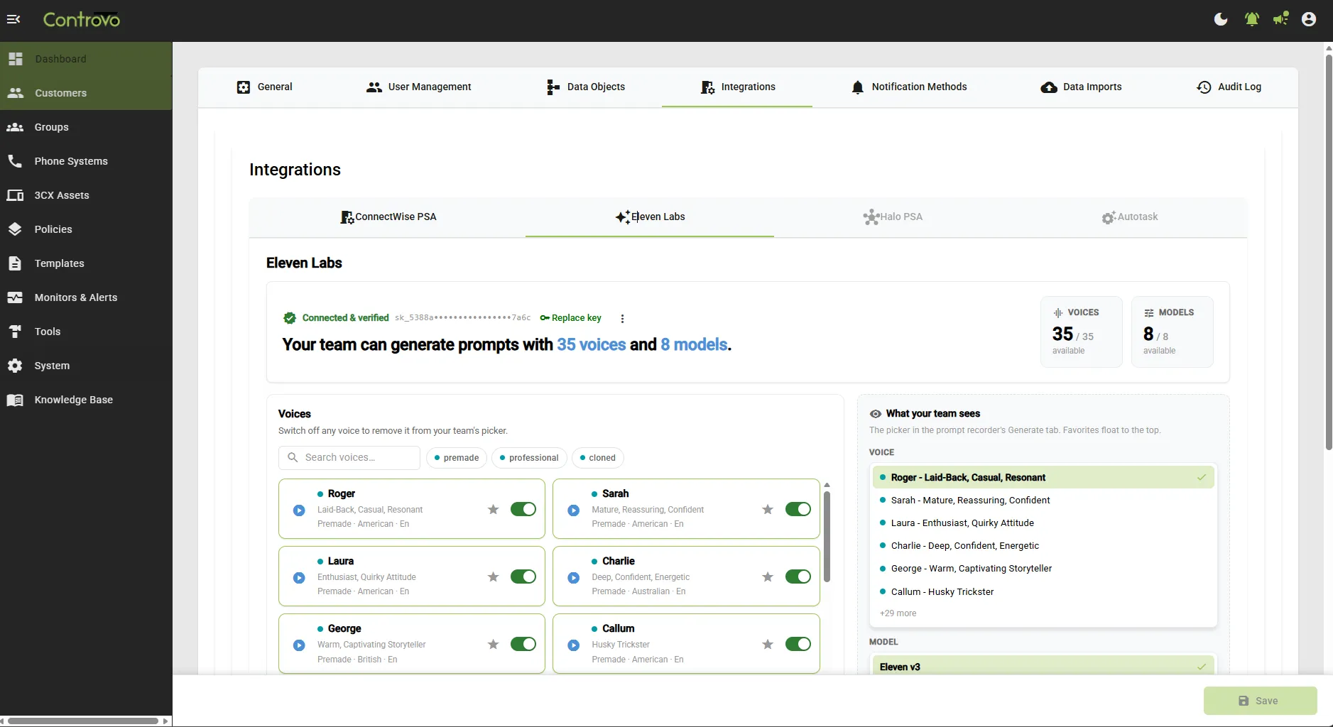 Controvo's ElevenLabs integration settings for toggling voices and starring your team's preferred voices and models