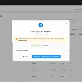 Controvo's Force SSL Cert Renewal dialog with 108 phone systems selected for certificate renewal