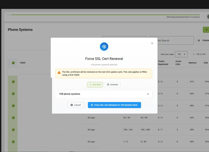 Controvo's Force SSL Cert Renewal dialog with 108 phone systems selected for certificate renewal