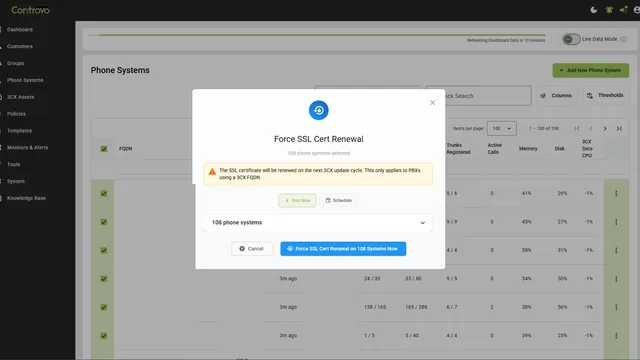 Controvo's Force SSL Cert Renewal dialog with 108 phone systems selected for certificate renewal
