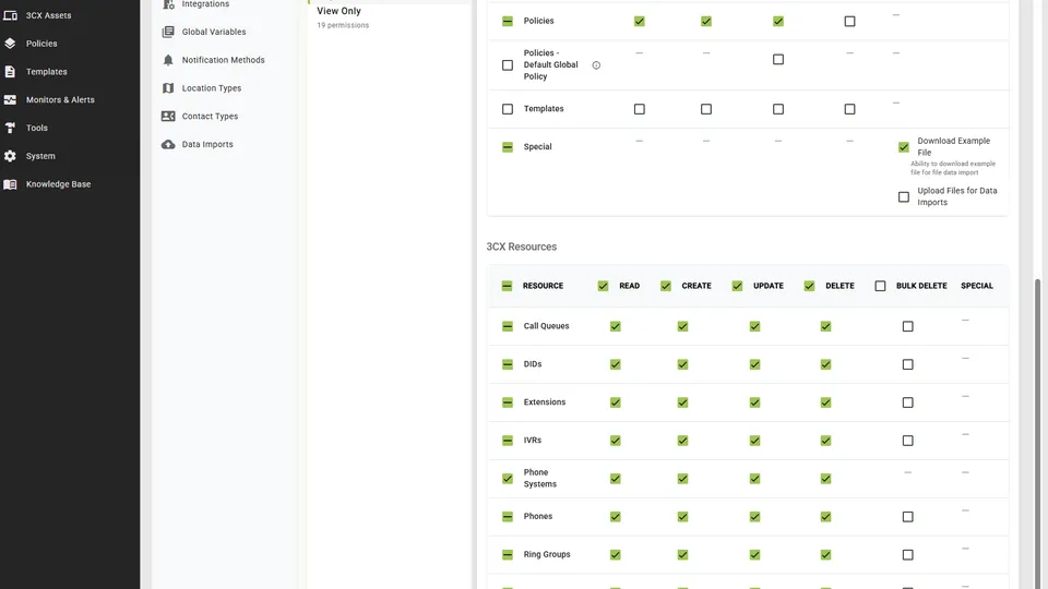 Controvo role editor showing Bulk Delete and Default Global Policy permissions alongside standard CRUD controls for 3CX resources