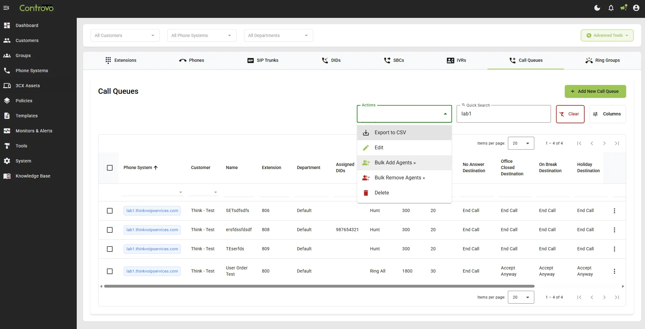 Controvo's Call Queues table with the Actions menu open showing Bulk Add Agents and Bulk Remove Agents options