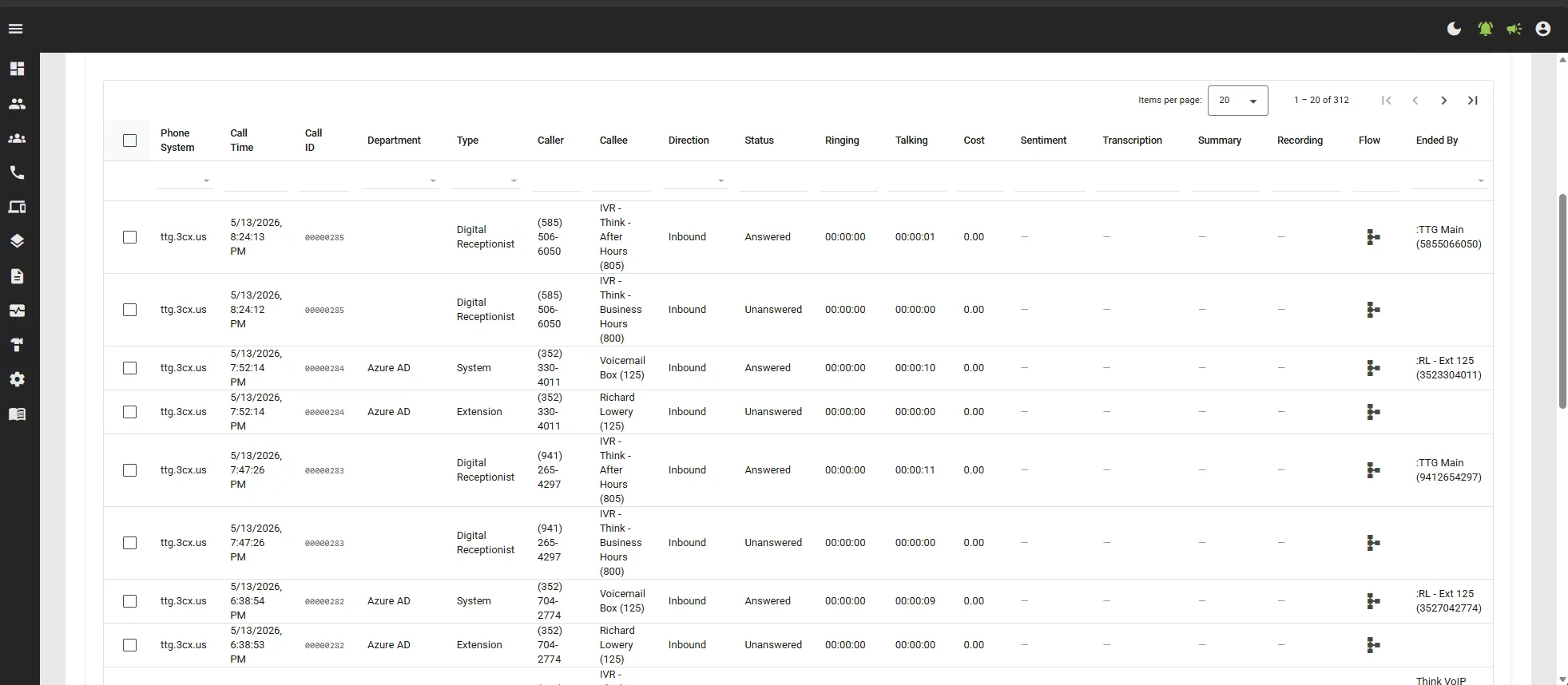 Call Logs table showing per-call Sentiment, Transcription, Recording, and Flow columns inline