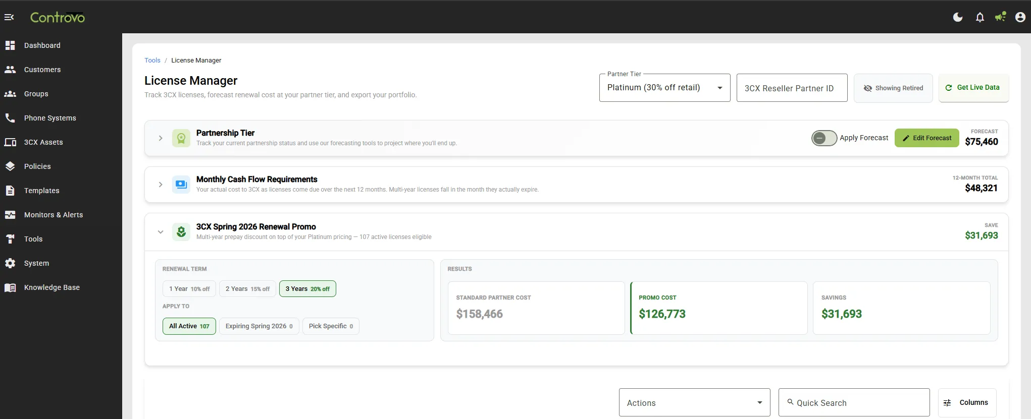 Controvo License Manager showing the 3CX Spring 2026 Renewal Promo section with renewal-term selector, apply-to scope, and standard/promo/savings results